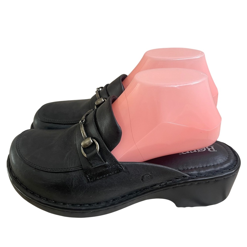 Born tally Black Leather Horsebit Mules Clogs Platform Wedge Shoes Women Sz 9/39